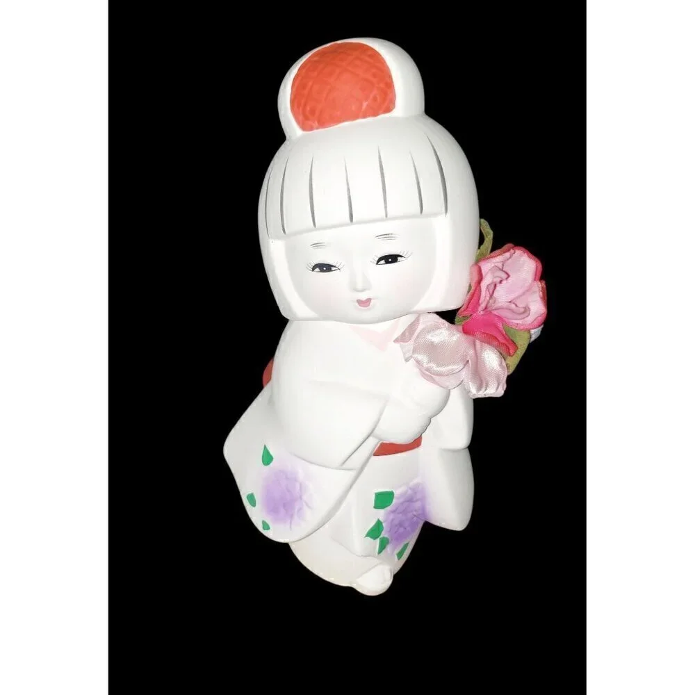Vtg‎ Japanese Hakata Bisque Geisha Doll on Signed Wooden Base 7 3/4” T Ceramic
